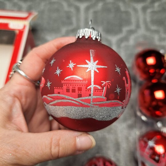 Other - VINTAGE CHRISTMAS GLASS ORNAMENTS RED MIXED LOT OF 8 HOLIDAY BETHLEHEM GOLD SLVR